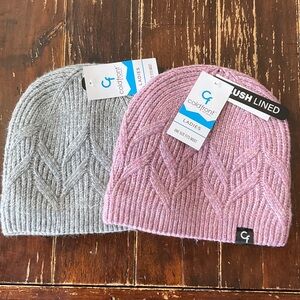 Ladies Ribbed Knit Beanie Hat - Pink & Gray